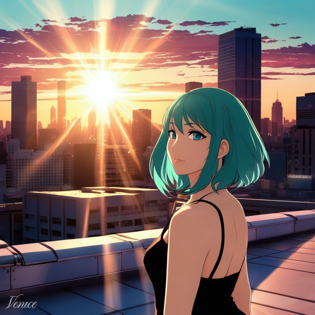 Anime illustration of a girl with teal hair on a rooftop at sunset, city skyline, soft cel shading, lens flare