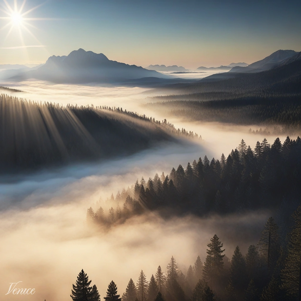 A vast misty pine forest at sunrise, golden god-rays piercing through the fog, a winding river in the valley below, ultra-detailed, atmospheric perspective, photorealistic landscape photography