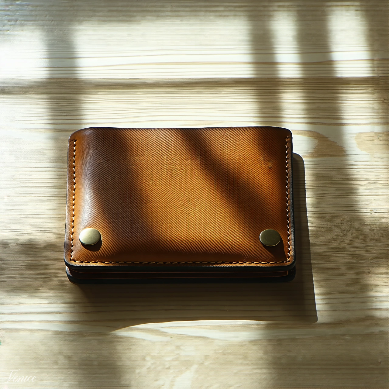 A handcrafted leather wallet on rustic wood, warm natural light from a window, shallow focus, lifestyle product photography for an artisan brand, cozy and premium feel