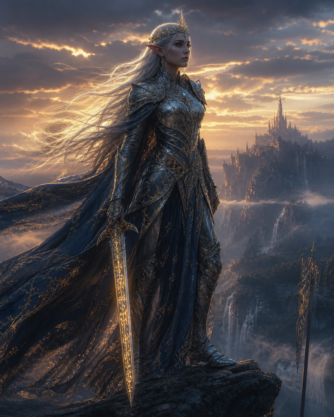 An armored elven warrior queen standing on a cliff at dusk, glowing runes on her sword, flowing silver hair, intricate filigree armor, epic fantasy concept art, volumetric mist, golden rim light