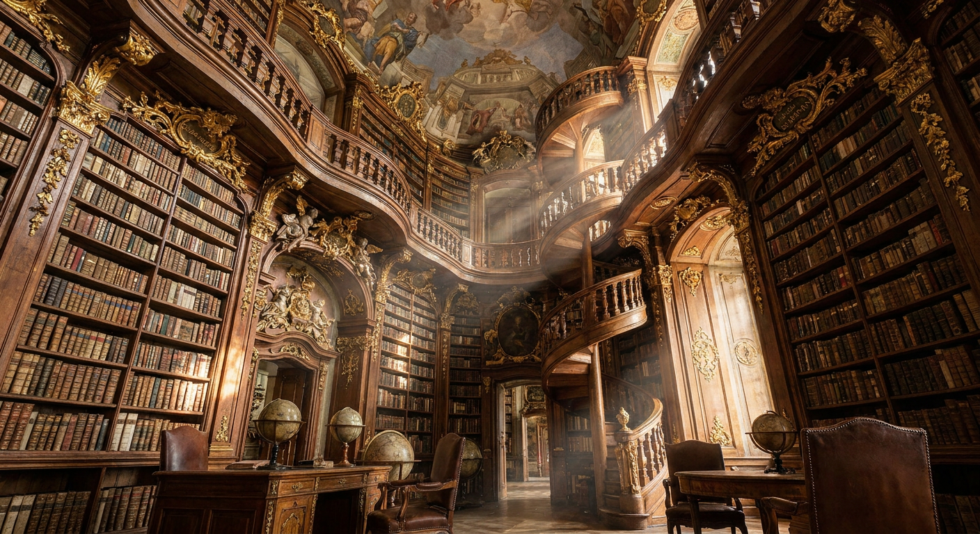 A grand baroque library with towering bookshelves, ornate gold detailing, a spiral staircase, dust motes in shafts of sunlight, dramatic perspective, photorealistic interior render