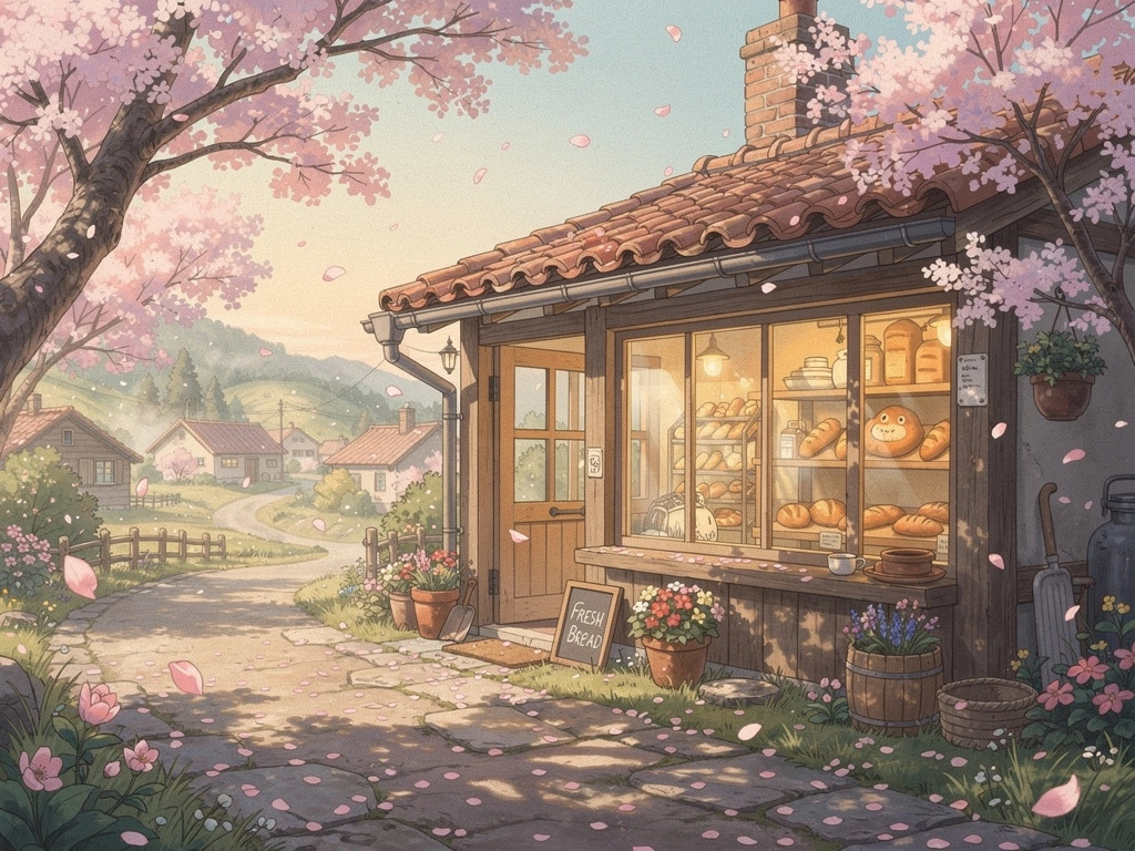 Cozy Studio-Ghibli-inspired scene of a small countryside bakery in spring, blooming cherry trees, warm soft colors, hand-painted texture, whimsical and peaceful atmosphere